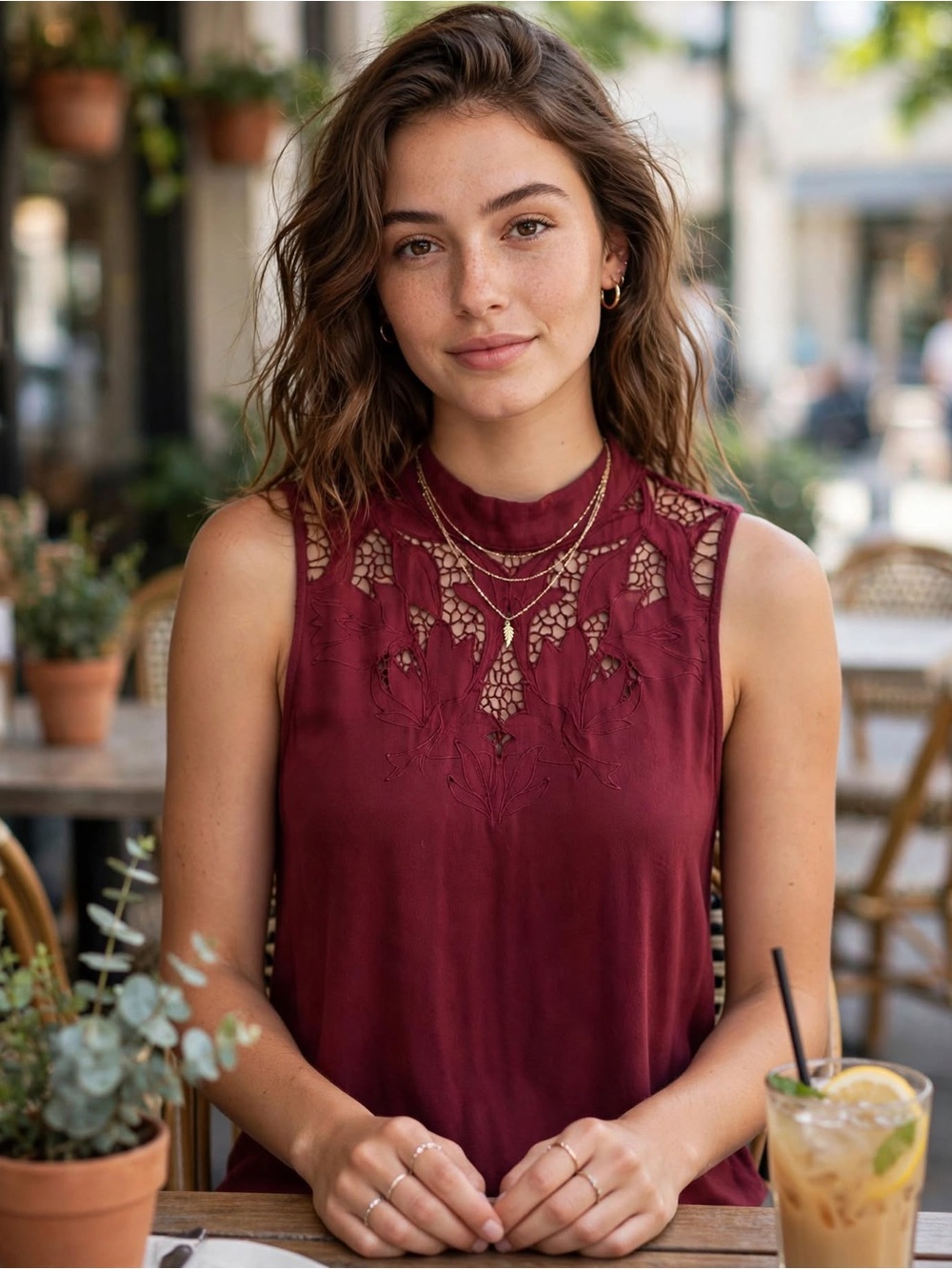 ASTR The Label Burgundy Wine Red Embroidered Floral Lace Cut Out High Mock Neck